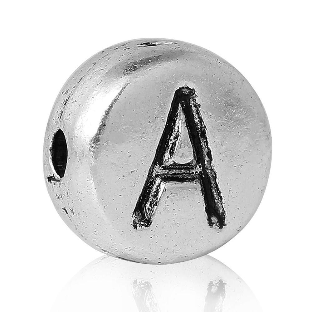 6746 50pc Antiqued Silver Alloy Round Letter A Pattern Carved Charms